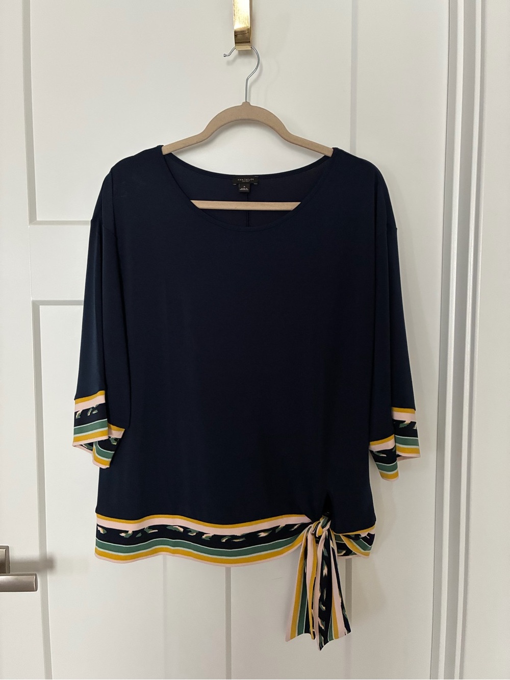 Ann Taylor Factory Navy Tunic with Striped Hem and Side Tie